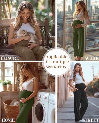 3 Pack Women's Maternity Lounge Pants with Pockets - color: Black, Army Green, Coffee, size: Medium