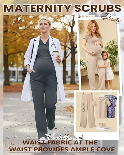 2 Pack Women's Maternity Scrub Pants with 6 Pockets - color: Dark Gray, Khaki, size: X-Large