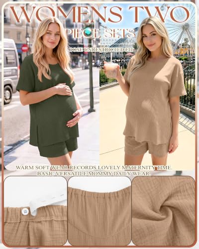 Riyiper 4 Pcs 100% Cotton Maternity Pajamas Sets - color: Khaki, Dark Green, size: Medium