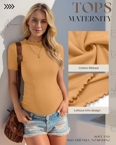 3 Pack Women's Ribbed Maternity Tops - color: Ginger Yellow, Sage Green, Apricot, size: Medium
