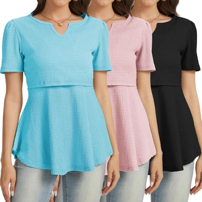 Bearsland Short Sleeve Nursing Top 3pack - color: Black & Pastel Pink & Light Blue, size: Small