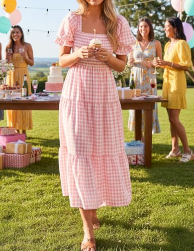 ZESICA Women's Summer Boho Gingham Puff Sleeve Square Neck Beach Midi Dress - color: Pink, size: X-Large