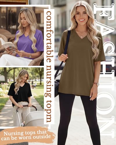 4 Pack Women's Nursing Short Sleeve Shirts - color: Sky Blue, Purple, Light Brown, Black, size: Medium