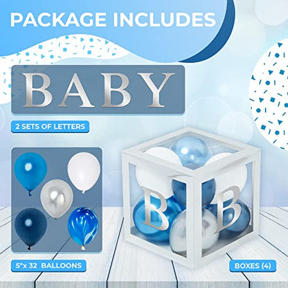 44-Pc Baby Shower Boxes & Balloons, Gender Reveal - Silver & Blue - color: Silver Boxes With Silver & Blue Balloons