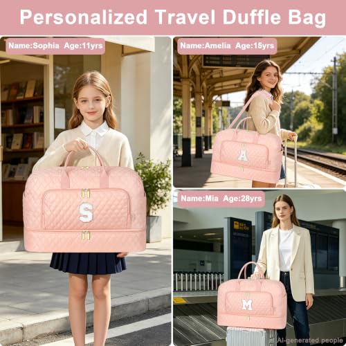 Graduation Gift for Her, Quilted Initial Travel Bag with Shoe Compartment - color: Pink Diamond Quilted, style: J