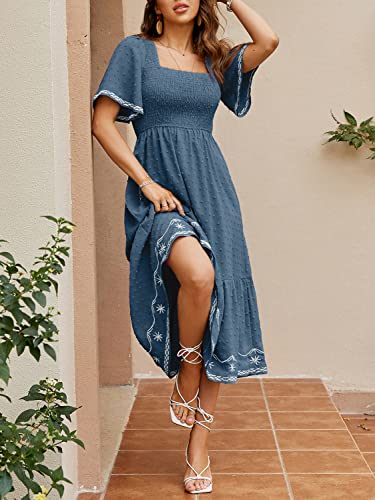 Glamaker Women's Short Sleeve Smocked Square Neck A Line Summer Flowy Maxi Long Dress - color: 01-dark Blue, size: Small