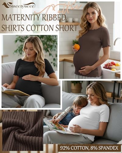3 Pack Women's Maternity Ribbed Shirts - color: Black, White, Coffee, size: XX-Large
