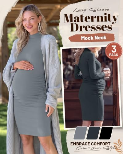3 Pack Women's Maternity Dresses Long Sleeve Dresses - color: Black, Dark Gray, Light Gray, size: X-Large