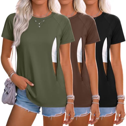 Huukeay 3 Pack Women's Nursing Tops - color: Army Green, Brown, Black, size: Medium