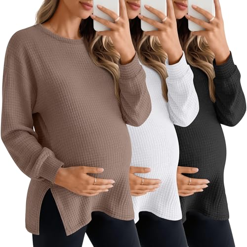 3 Pack Women's Maternity Waffle Knit Shirts - color: Coffee, White, Black, size: Large