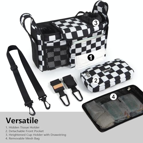 TOPDesign Universal Baby Stroller Organizer, Stroller Caddy with Detachable Mesh Bag & Heightened Insulated Cup Holders & Non-Slip Secure Hooks Accessories, Fits Most Strollers (Checkerboard) - color: Checkerboard, style: Pro