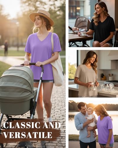 3 Pack Women's Oversize Nursing Shirts - color: Light Purple, Khaki, Black, size: XX-Large