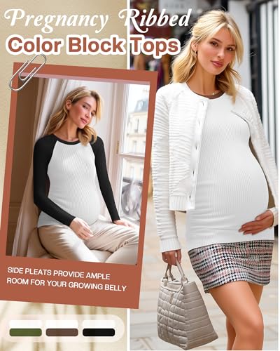 Neer 3 Pack Maternity Long Sleeve Shirts Ribbed Pregnancy Tops - color: Black, Coffee, Army Green, size: Small