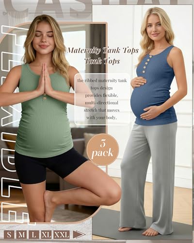 3 Pack Maternity Tank Tops Ribbed Tops - color: Light Pink, Gray Green, Haze Blue, size: Medium