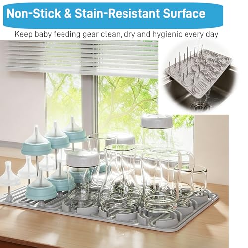 Silicone Baby Bottle Drying Mat, 20 Slots, BPA-Free Non-Toxic, Dishwasher Safe, Foldable Space-Saving Design for Nursery, Kitchen & Travel (Silicone Drying Mat)
