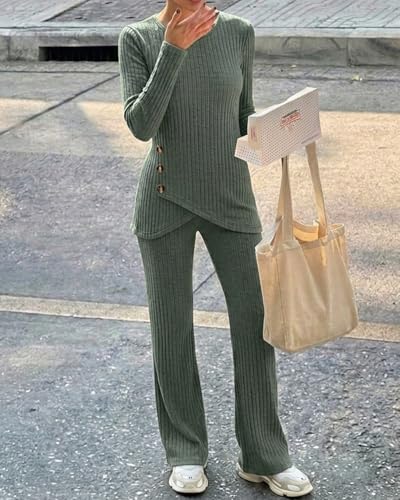 CHICME Womens 2 Piece Lounge Set Button Down Top Wide Leg Pants - color: Green, size: Large