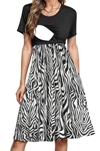 PARNIXS Women's Nursing Dress Summer Short Sleeve Patchwork Pregnancy Clothes with Pockets - color: Pattern 11, size: Medium