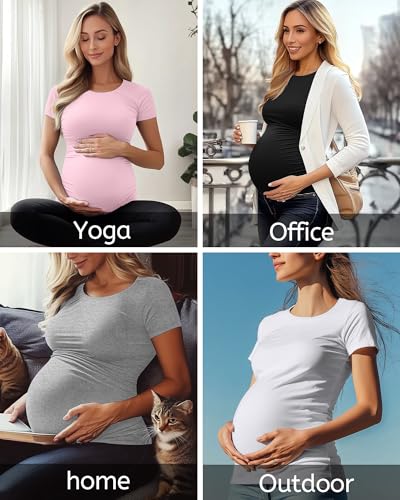 Huukeay 4 Pack Women's Short Sleeve Maternity Tops - color: Black, Pink, White, Light Gray, size: Large