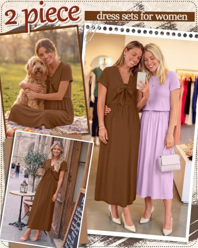 Women's Maxi Sundress Cropped Cardigan Set - color: Brown, size: XX-Large