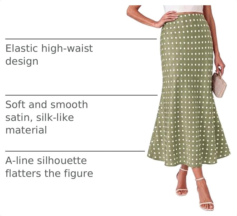 BTFBM Silk Midi Skirts for Women 2026 Summer Fall - color: Dot Green White, size: Small