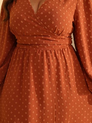 RWJ Women's Plus Size Fall Wedding Guest Dress V Neck Swiss Dot Long Sleeve - color: Burnt Orange, size: Large Plus