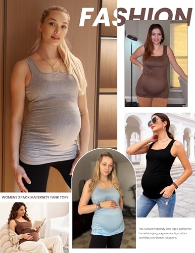 Ekouaer 3 Pack Maternity Tank Tops Square Neck Maternity Shirts - color: Brown/Khaki/Black, size: Large