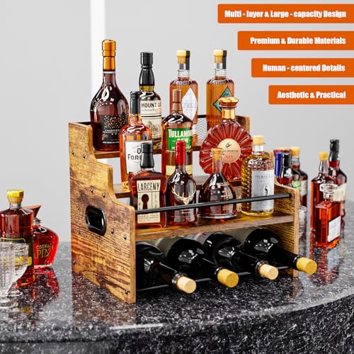 KLM 4-Tier Liquor Bottle Display Shelf,Rustic Brown Bottle Organizer - color: Brown