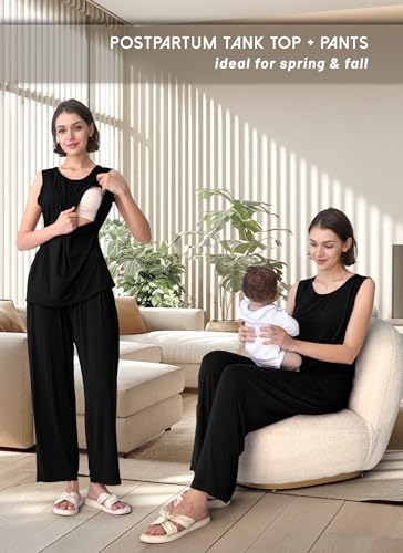 Rnxrbb 3 PCS Nursing Pajamas Robe Set Maternity Postpartum Pjs for Hospital - color: Black, size: Medium