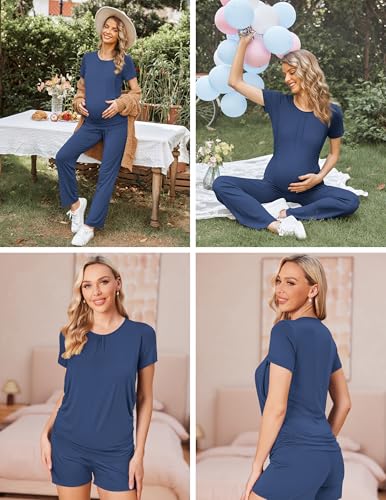 Ekouaer Maternity Nursing Pajamas Set 3 Piece Postpartum Breastfeeding Pjs - color: Navy Blue, size: XX-Large