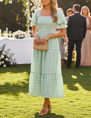 ZESICA Women's Summer Boho Gingham Puff Sleeve Square Neck Beach Midi Dress - color: Green, size: X-Small