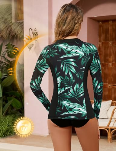 LURANEE Women's Zip Up Rash Guards for Women UPF50+ Long Sleeve Swimsuit - color: Green Leaf, size: Medium