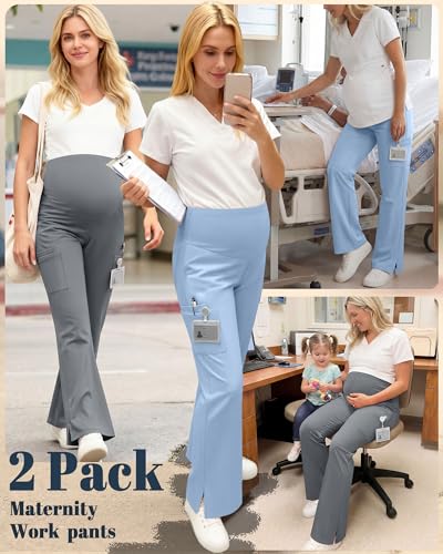 2 Pack Women's Maternity Wide Leg Cargo Scrub Pants - color: Cool Light Gray, Light Gray Blue, size: X-Large