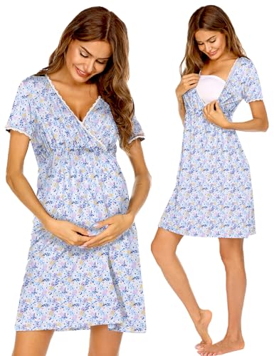 Ekouaer Nursing Nightgown Labor and Delivery Gown Dress Maternity Pajamas - color: Blue White Floral, size: Large