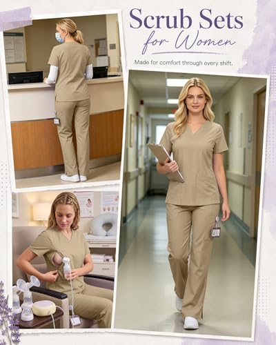 Women's Maternity Scrub Top Pant Set - color: Khaki, size: Medium
