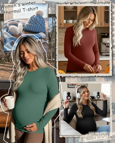 3 Pack Women's Thermal Maternity Shirts - color: Brick Red, Emerald, Black, size: XX-Large
