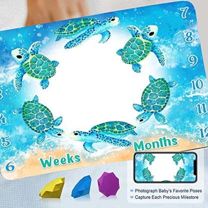 Blue Sea Life Turtle Monthly Milestone Blanket 48x40in - color: Turtle