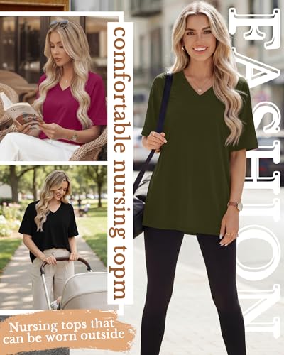 4 Pack Women's Nursing Short Sleeve Shirts - color: Fuchsia, Army Green, Khaki, Black, size: XX-Large