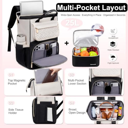 Lunch Backpack For Women, 15.6 Inch Laptop Backpack with Lunchbox - color: Black/Beige