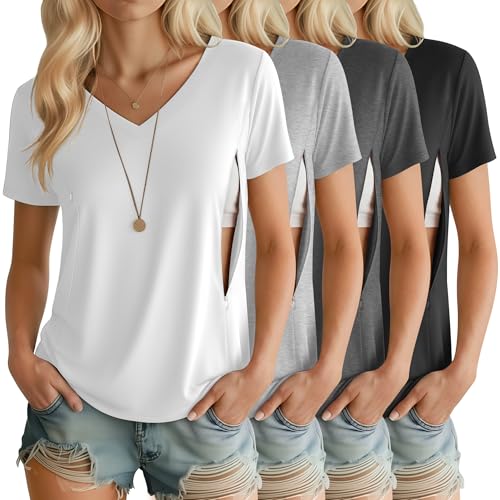 4 Pack Women's Nursing Maternity Shirts - color: Black, Dark Gray, Light Gray, White, size: Large