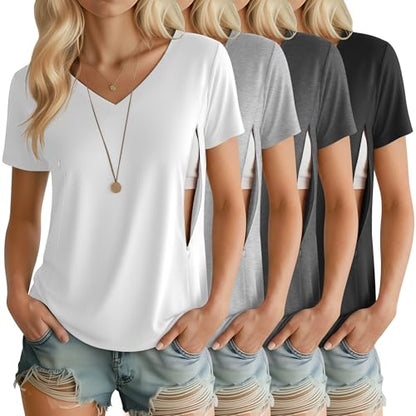 4 Pack Women's Nursing Maternity Shirts - color: Black, Dark Gray, Light Gray, White, size: Large