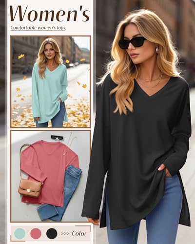 Huukeay 3 Pack Women's Oversized Long Sleeve V Neck Shirts - color: Black, Brick Red, Gray Green, size: Medium