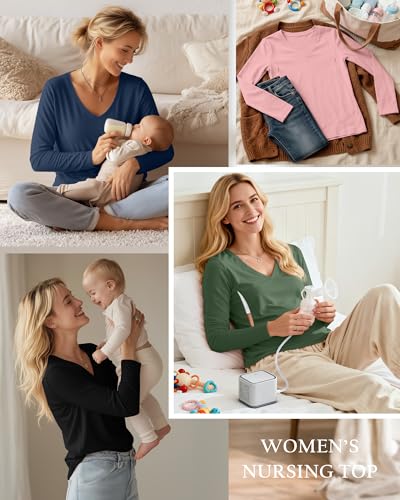 4 Pack Women's Long Sleeve Nursing Maternity Shirts - color: Black, Apple Green, Soft Pink, Haze Blue, size: Medium