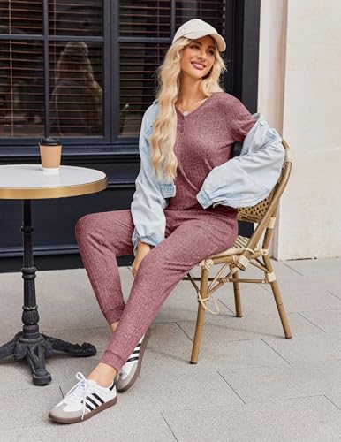Ekouaer Pajama Sets for Womens 2 Piece Jogger Pants Lounge Set - color: Wine Red, size: Large