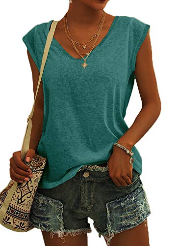 Langwyqu Womens' Cap Sleeve Tees Casual Loose Fit Basic Shirts Tank Tops - color: 00- Lake Blue, size: Small