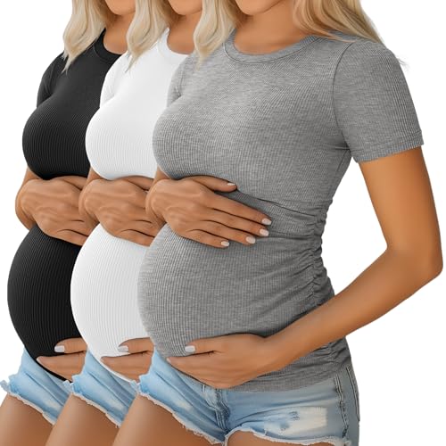 Ficerd 3 Pack Women's Short Sleeve Maternity Shirts - color: Light Gray, White, Black, size: X-Large