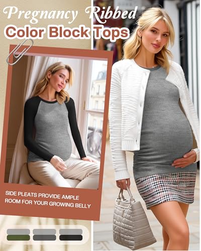 Neer 3 Pack Maternity Long Sleeve Shirts Ribbed Pregnancy Tops - color: Black, Dark Gray, Army Green, size: Large
