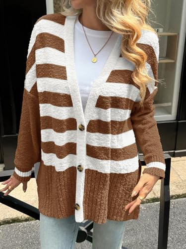Saodimallsu Womens Oversized Striped Cardigan Fuzzy Knit Fall Sweaters - color: Coffee, size: Medium
