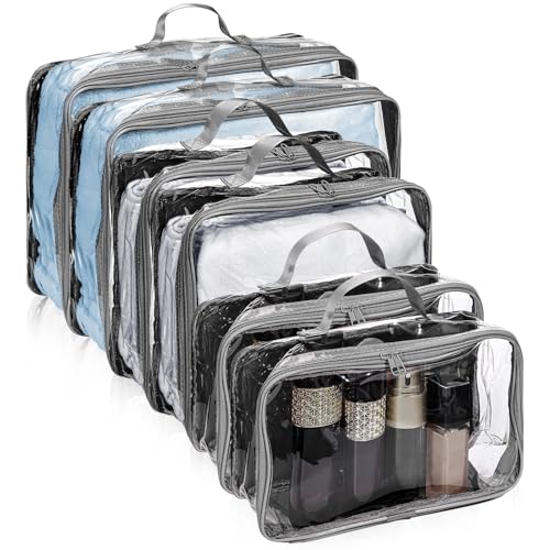 Hillban 6 Pcs Large Clear Packing Cubes for Travel, 3 Sizes PVC Bags, Gray - color: Gray