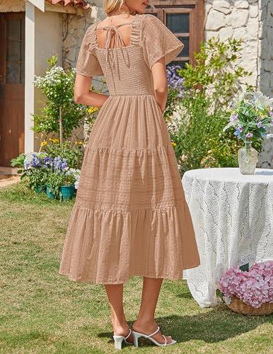 MEROKEETY Womens Summer Midi Dress Short Sleeve Square Neck Boho Long Dress - color: Khaki, size: Small