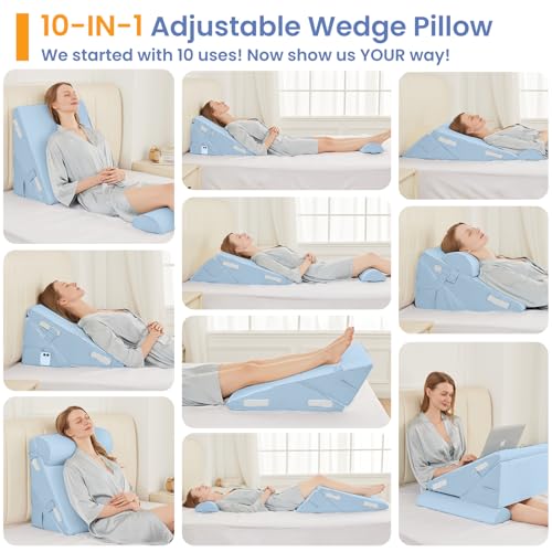 Sasttie Adjustable Wedge Pillow Set for After Surgery, Blue - color: Blue, size: Adjustable 9&12 Inch + 2 Head Pillows